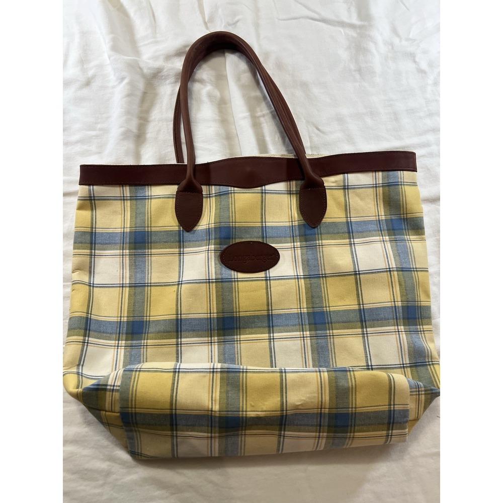 Longaberger Tote Bag Canvas & Leather Handle & Trim Yellow & Blue Plaid Checked